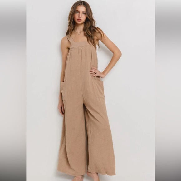 Boho Gauze Cotton  Solid Fabulous Wide Leg Jumpsuit - Picture 4 of 4